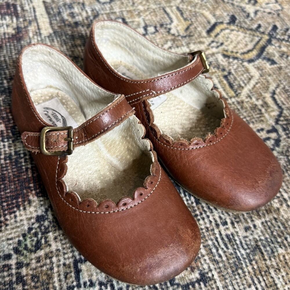 Zimmerman Shoes Leather Girls Cognac Brown Scalloped Mary Jane Flats Size 7